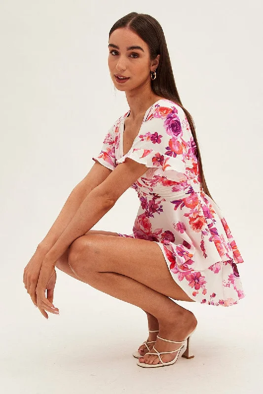 Best Seller Pink Floral Fit And Flare Playsuit Sleeveless