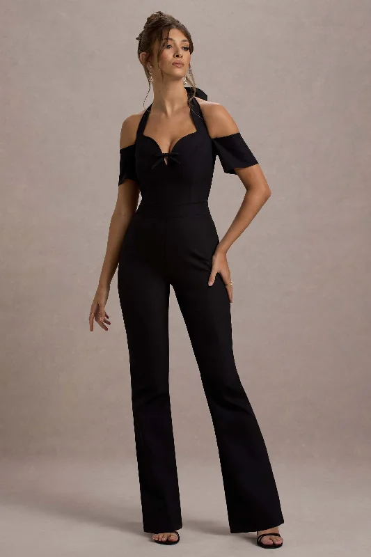 Minimalist Chic Aurea | Black Halter-Neck Flared-Leg Jumpsuit