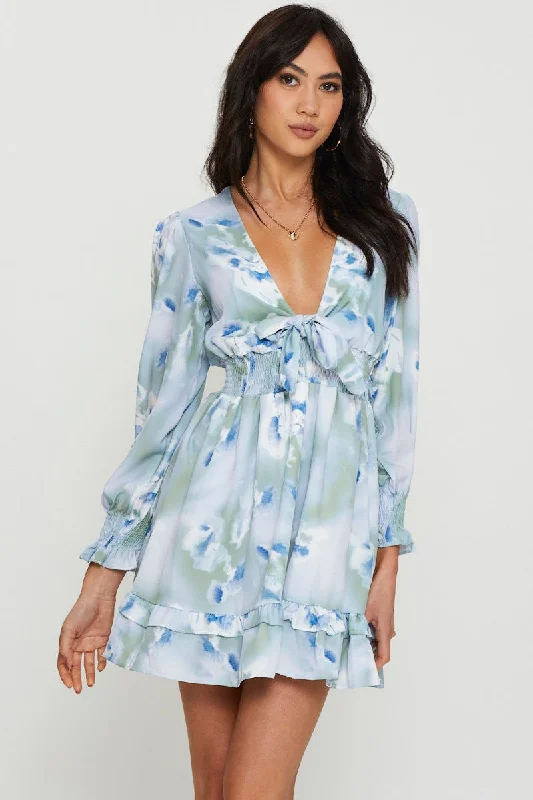 Clearance Event Abstract Print Mini Dress Long Sleeve