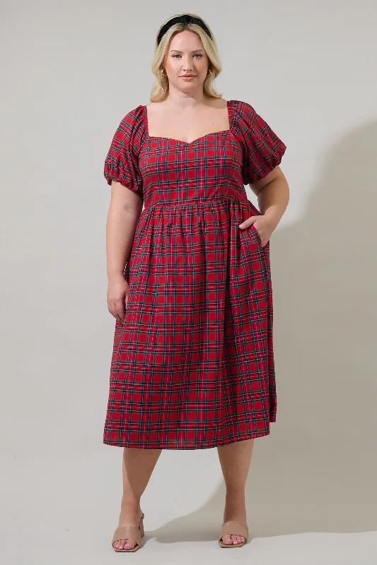 Seasonal Sale Arvada Plaid Alessi Puff Sleeve Midi Dress Curve