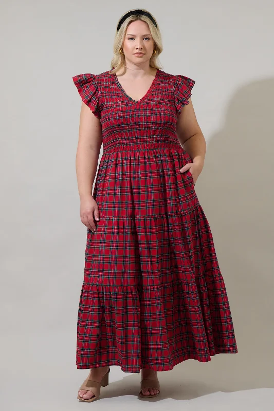 Trendy Pulse Arvada Plaid Sunfire Smocked Bodice Tiered Midi Dress Curve