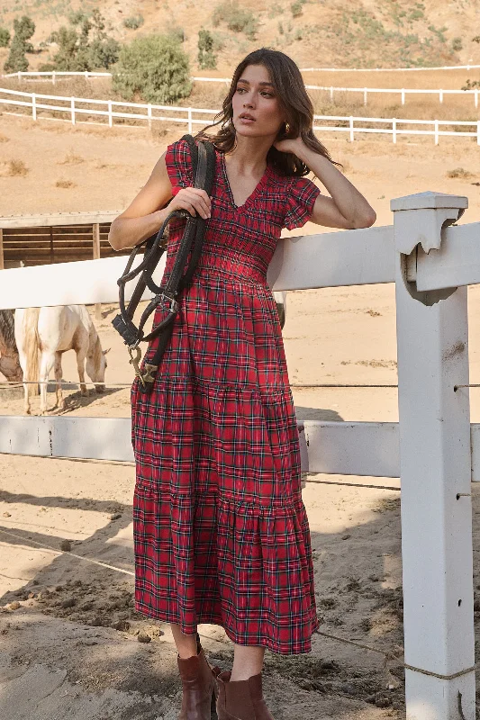 Bid Farewell To The Old Season Arvada Plaid Sunfire Smocked Bodice Tiered Midi Dress