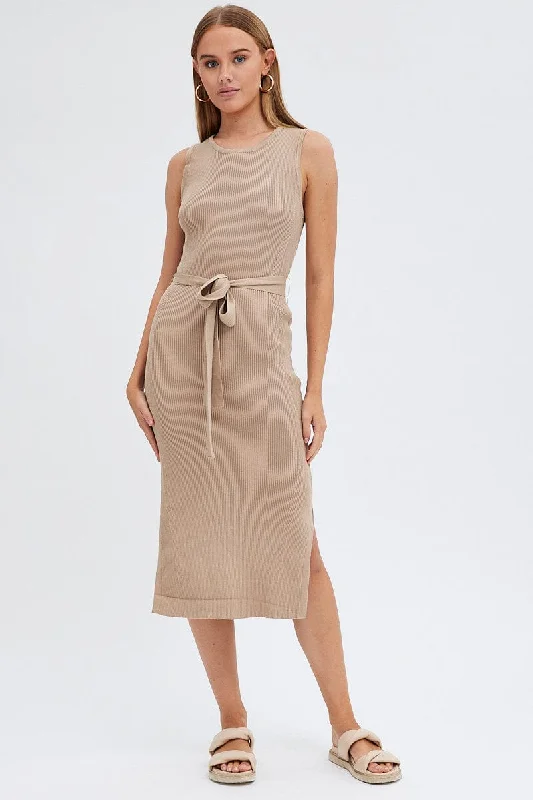 Exclusive Designer Collection Beige Knit Dress Sleeveless Round Neck Belted Midi