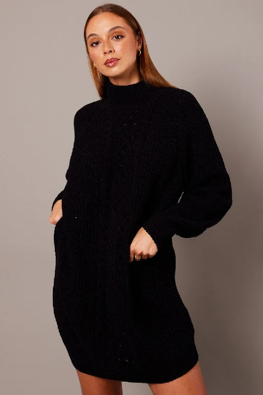 Style Streetwear Black Knit Dress High Neck Oversized Chenille