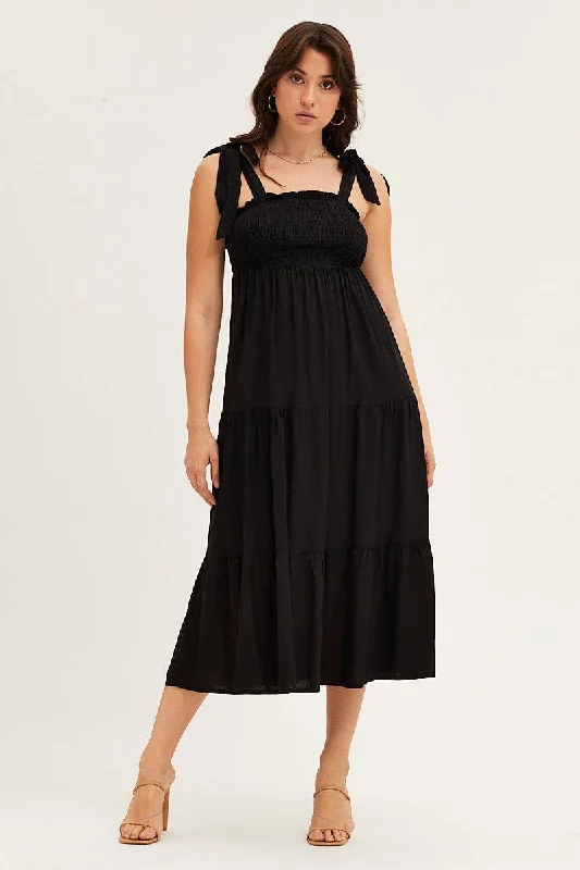 Hot Deals Black Tied Shoulder Tiered Midi Dress