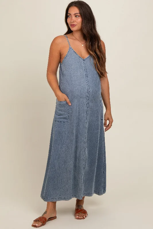 Valentine's Special Blue Chambray Pocketed Maternity Maxi Dress