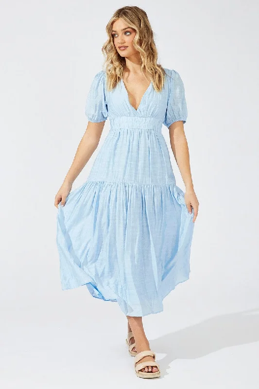 Current Trends Blue Maxi Dress Puff Sleeve