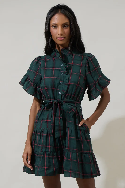 Imeless Style Brook Plaid Cottonwood Ruffle Button Down Mini Dress