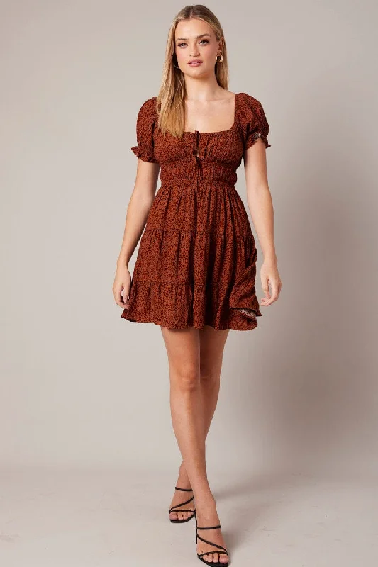 Limited Time Deal Brown Geo Fit And Flare Dress Puff Sleeve Mini