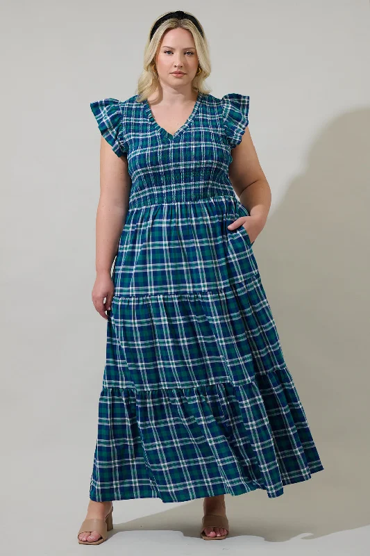 Trendy Fashion for Women Buckley Plaid Sunfire Smocked Bodice Tiered Midi Dress Curve