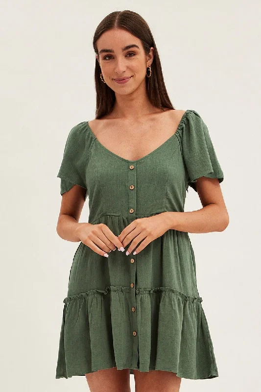 Latest Fashion Green Dress Square Neck Short Sleeve Tiered Button Front