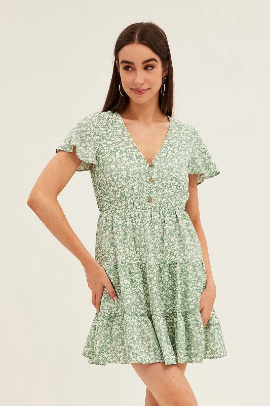 Evening Looks Green Floral Button Front Short Sleeve Mini Skater Dress