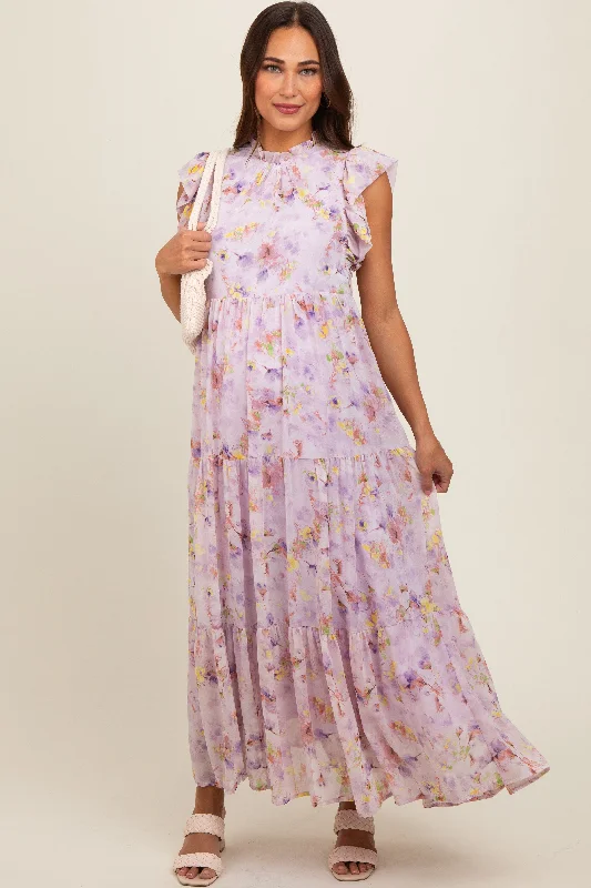 Stylish Spring Fashion Lavender Floral Chiffon Ruffle Shoulder Tiered Maternity Maxi Dress