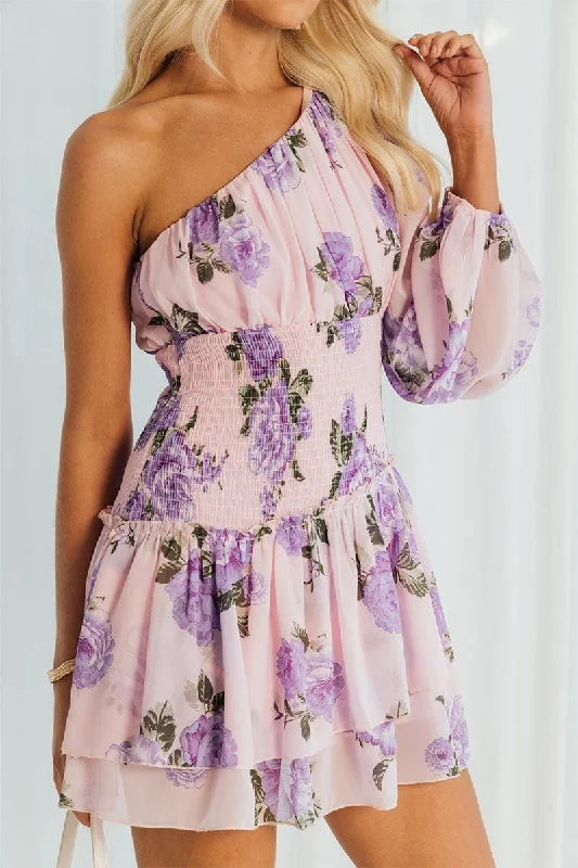 Chic Trends Unveiled Pink Floral One Shoulder Balloon Sleeve Layered Skater Dress