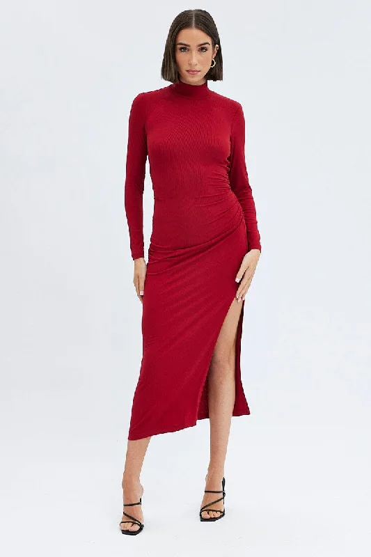 Hot Picks Red Midi Dress Long Sleeve High Neck Rib Jersey