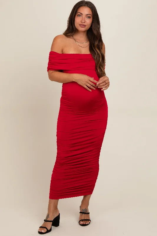 Chic Style, Always In Vogue Red Off Shoulder Ruched Maternity Midi Dress