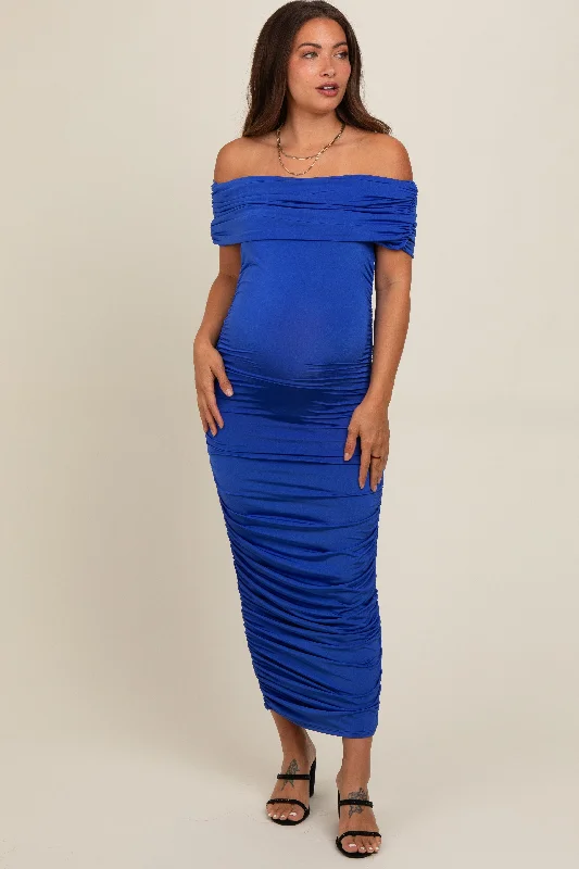 Chic Outfits Royal Blue Off Shoulder Ruched Maternity Midi Dress