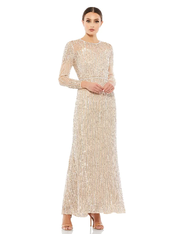 Huge Discounts This Week Sequined Illusion High Neck Long Sleeve Trumpet Gown