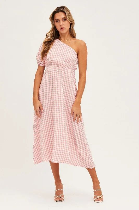 Fashion Sale Stripe Check One Shoulder Midi Dress