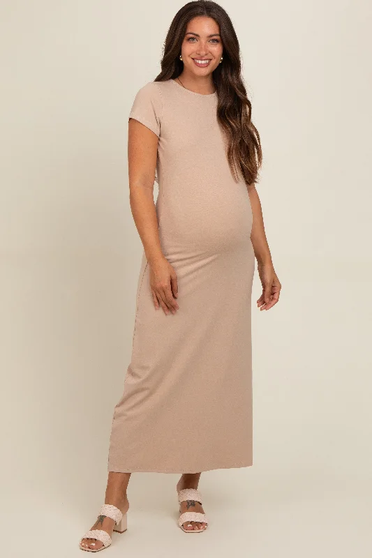 New Season Fashion Preview Taupe Short Sleeve Maternity Midi T-Shirt Dress