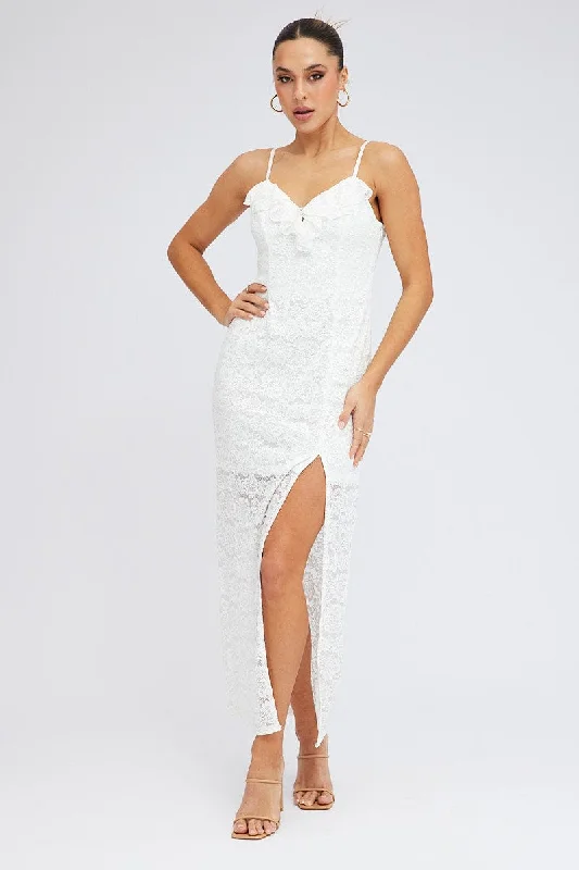 Trendy Women's Wear Collection White Maxi Dress Sleeveless Side Split Lace