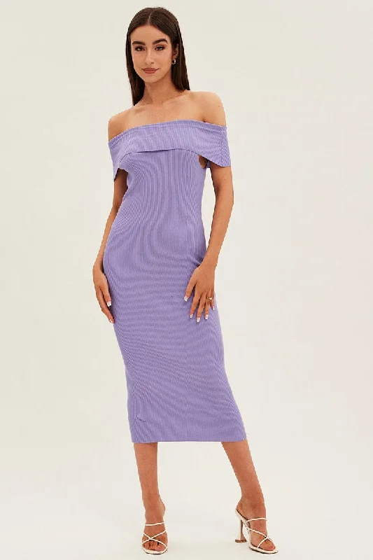 Popular Collection Purple Off Shoulder Dress Knit Bodycon Knit