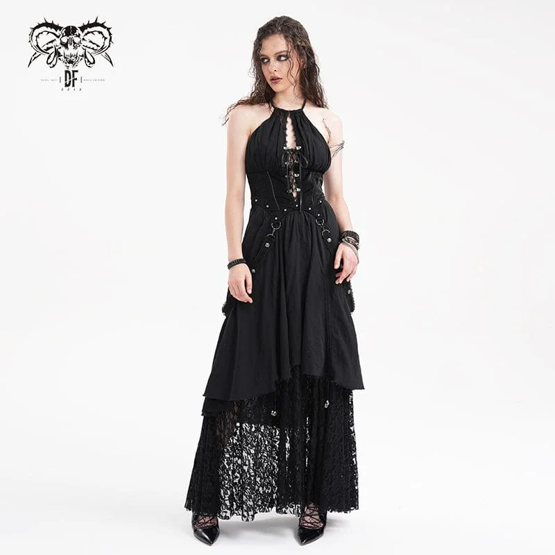 Casual Chic Women's Gothic Cut-out Lace Strap Maxi Dress