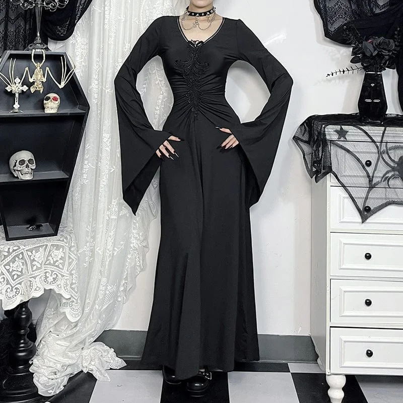 Bold Fashion Women's Gothic Plunging Long Toned Horn Sleeved Maxi Dress