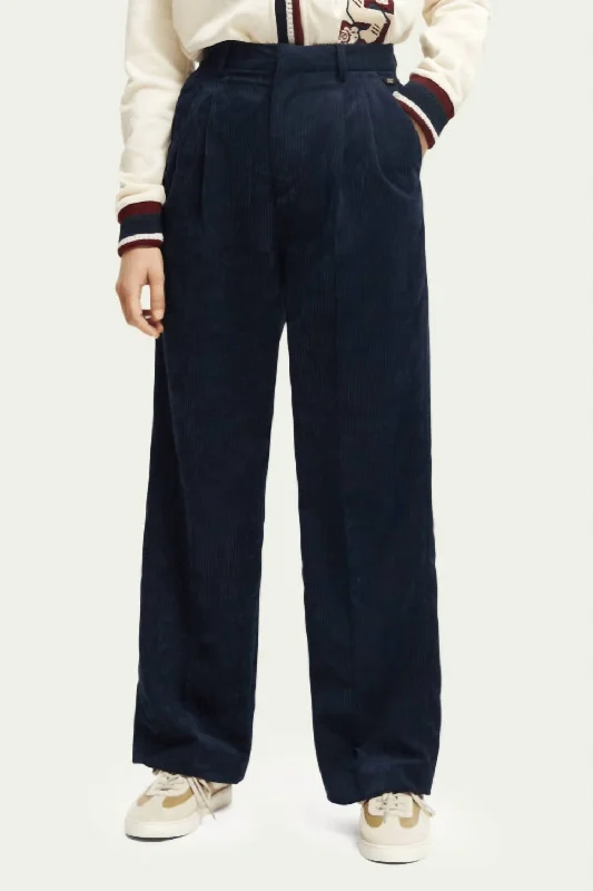 Essentials On Sale High Rise Wide Leg Corduroy Trousers In Navy