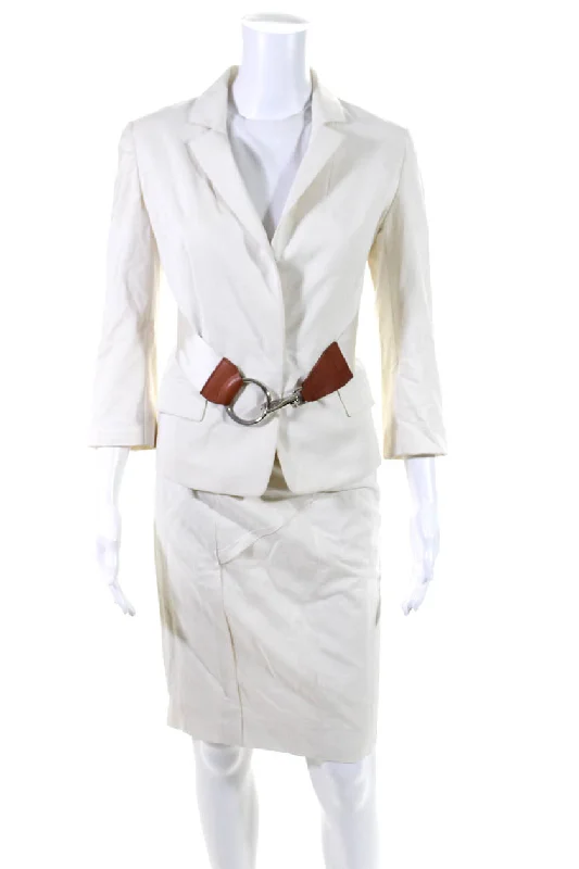 Urban Femme Streetwear KaufmanFranco Womens Hook Front Notched Lapel Skirt Suit White Cotton