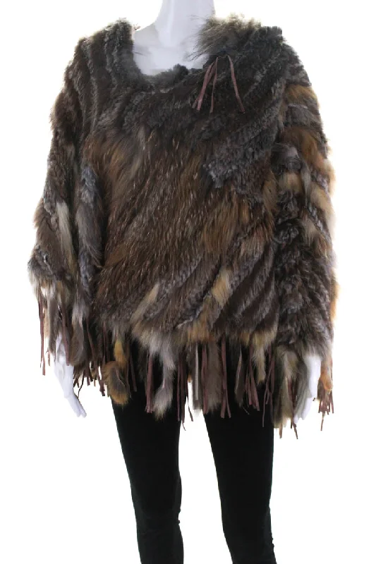 Sleek Design Rizal Womens Fox & Rabbit Fur Leather Fringe Poncho Brown One